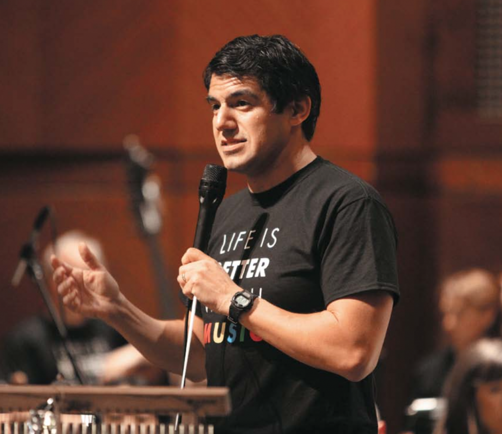 Miguel Harth-Bedoya, music director of the Fort Worth Symphony, speaks to the audience at an open house event (Credit: Richard Rodriguez)