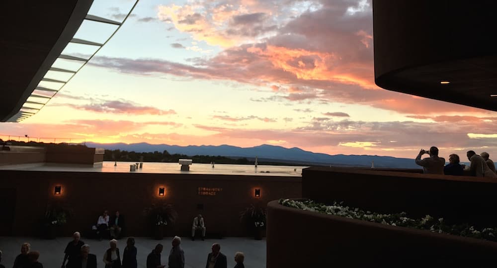 The sun sets over Santa Fe Opera on Aug. 25, 2017 (Photo: Brian Wise).