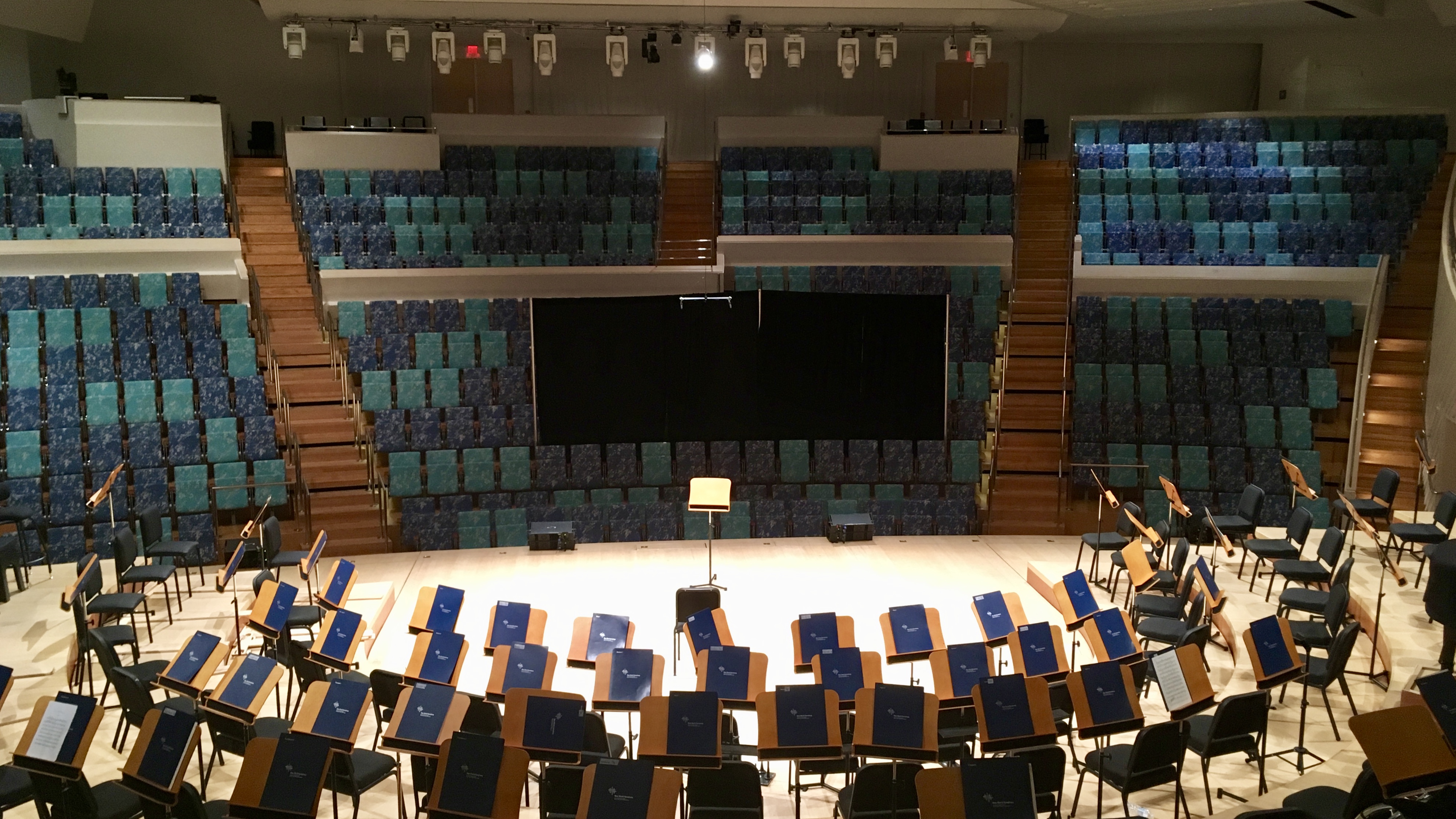 Interior of the New World Center. A screen had been set up for mock auditions that day (Photo: Brian Wise)