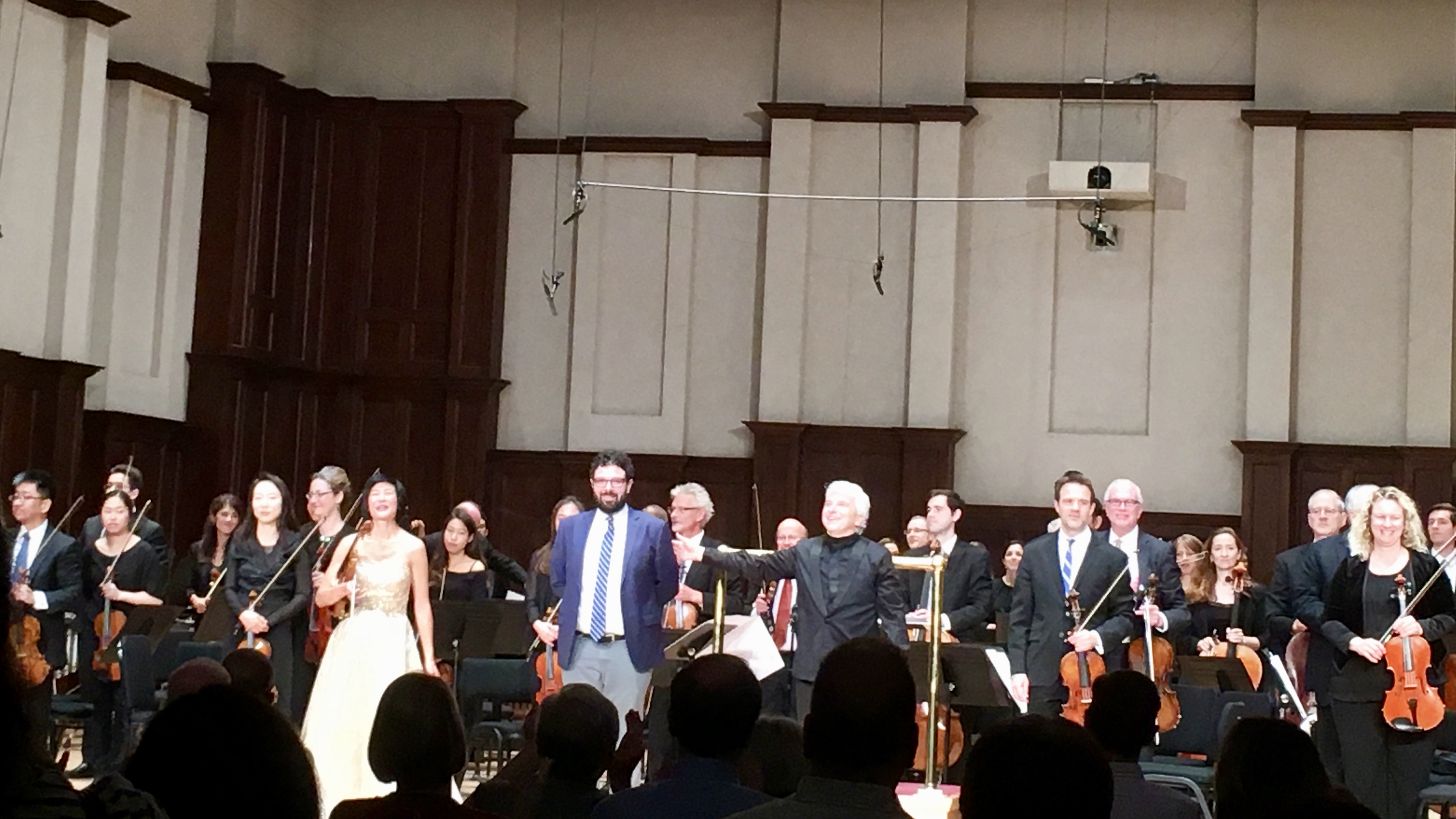 Violinist Jennifer Koh, composer Chris Cerrone and conductor Peter Oundjian with the Detroit Symphony Orchestra (Photo: Brian Wise)