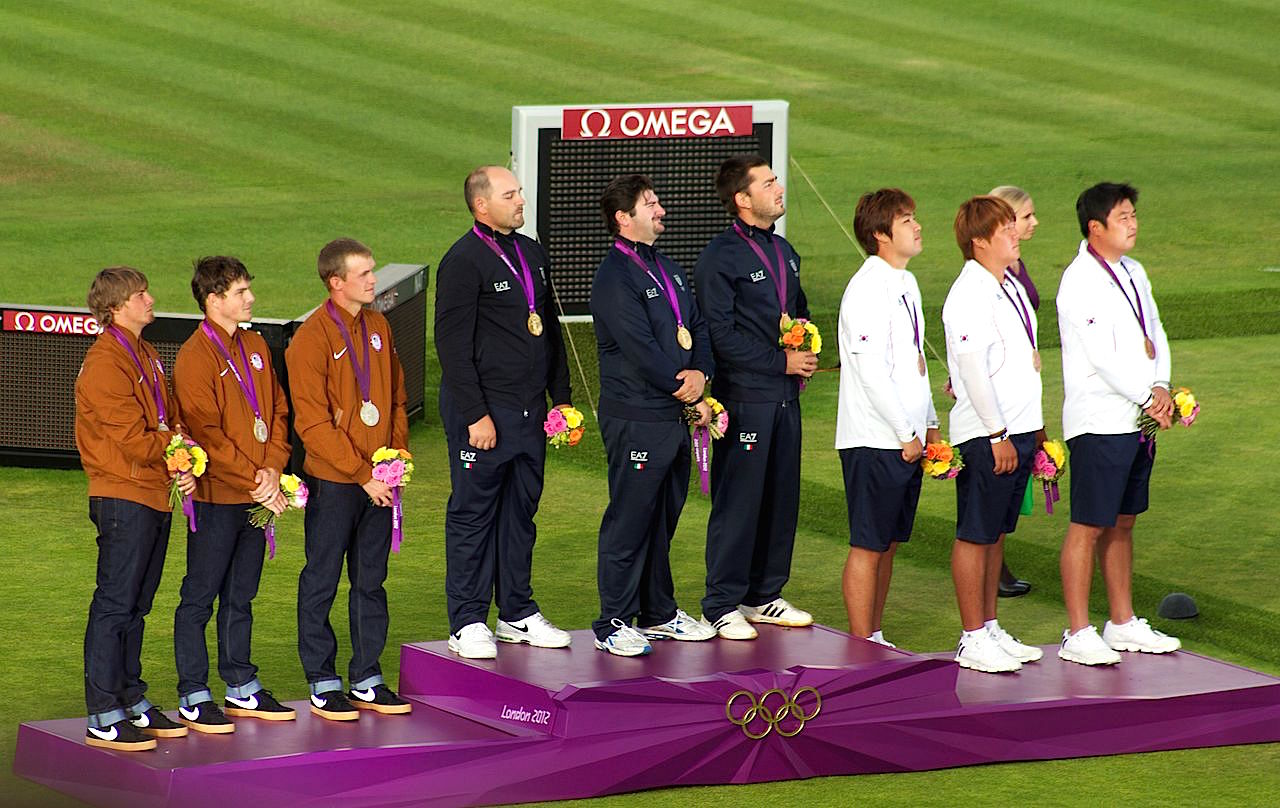 Medalists from the U.S., Italy and Korea at the Team Archery Final on Day 1 of the London 2012 Olympic Games (Wikipedia Commons)
