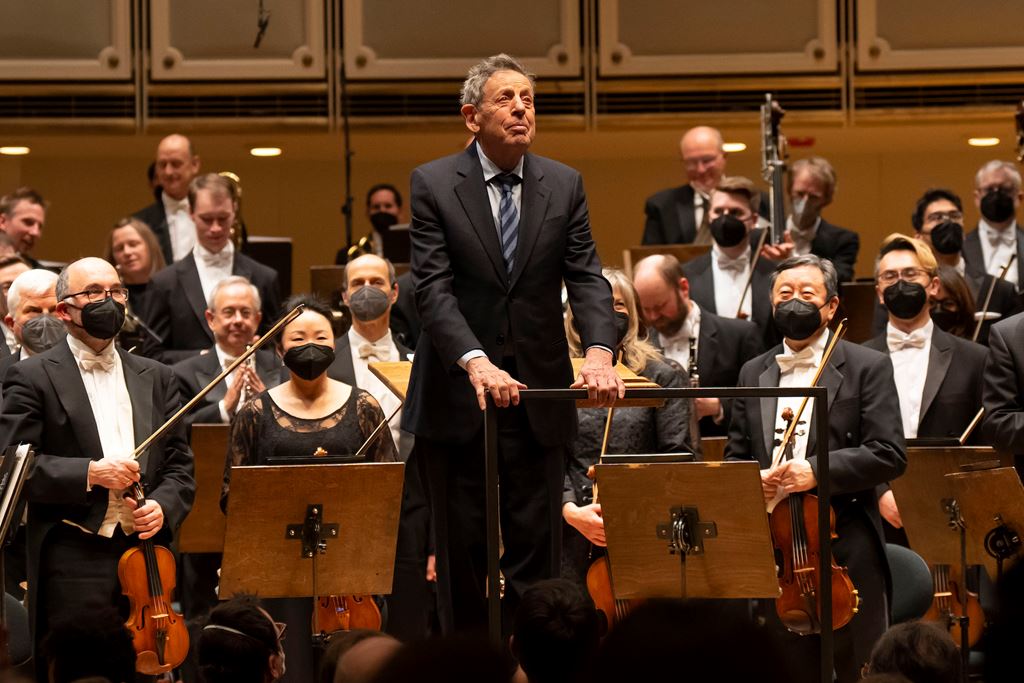 Philip Glass takes a bow after the Chicago Symphony Orchestra performs his Symphony No. 11 on Feb. 19, 2022. Todd Rosenberg Photography